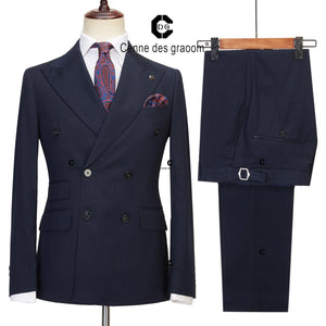 Cenne Des Graoom Double-Breasted Blue Black Stripe Men's Suits 2-Piece Set