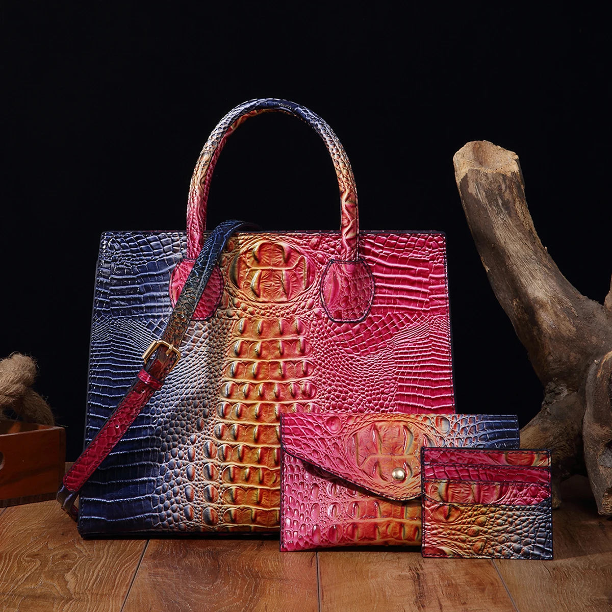 3 Pcs Crocodile Pattern Handbag & Purses Set