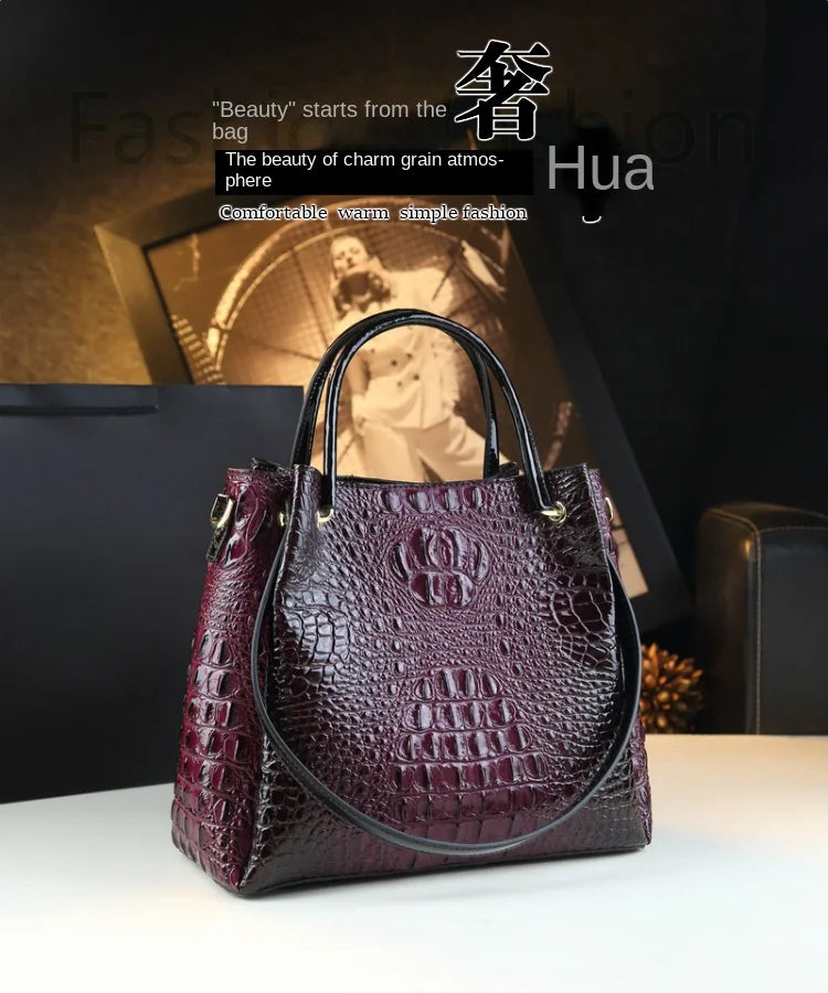 Genuine Leather Women's Fashion Crocodile Print Bucket Bag
