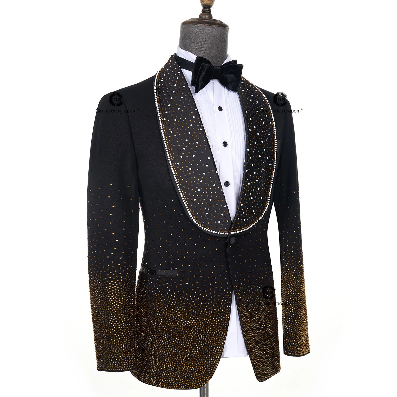 Cenne Des Graoom Men's Suits Ornament Shining Black Gold Tuxedo with Oversized Shawl Lapel