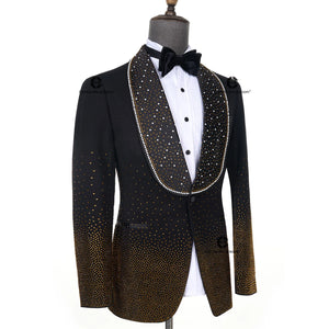 Cenne Des Graoom Men's Suits Ornament Shining Black Gold Tuxedo with Oversized Shawl Lapel