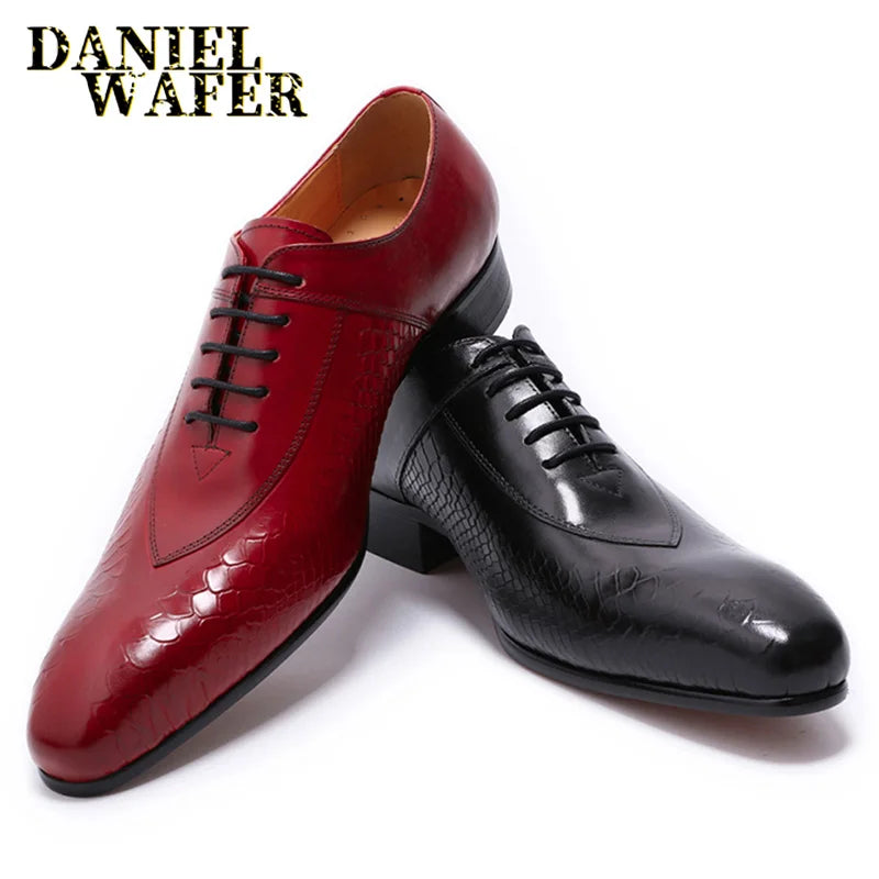 Fashion Men's Genuine Leather Oxford Snake Skin Prints Handmade Lace Up Pointed Toe Dress Shoes