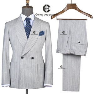 Cenne Des Graoom Striped Double-Breasted Men's Suits With Patch Pocket