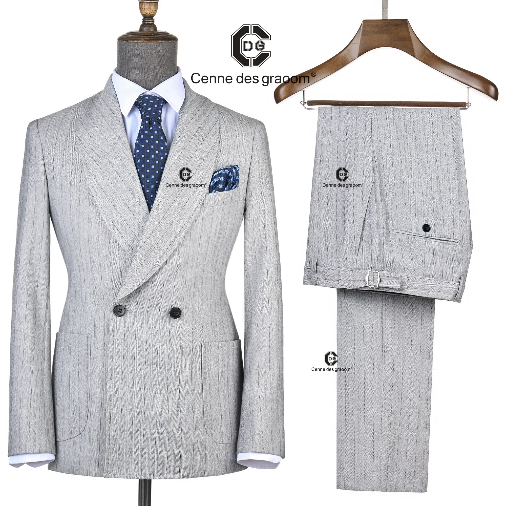 Cenne Des Graoom Maroon Striped Double-Breasted Men's Suits With Patch Pocket