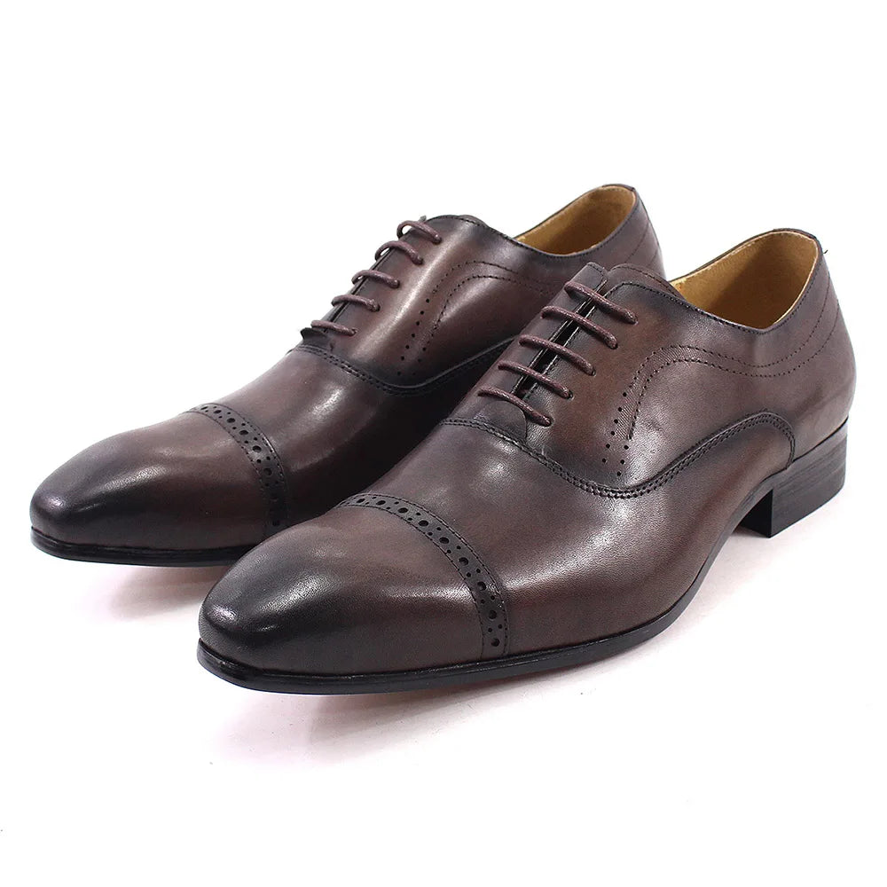 Genuine Leather Oxford Dress Shoes Men Lace Up Cap Toe