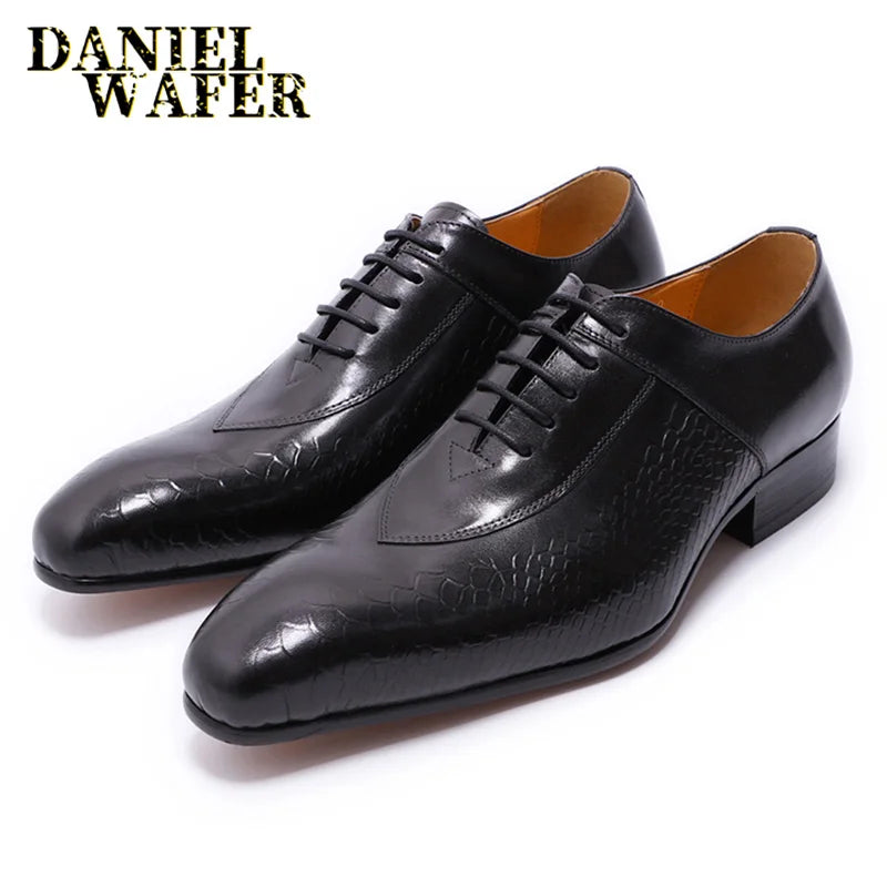 Fashion Men's Genuine Leather Oxford Snake Skin Prints Handmade Lace Up Pointed Toe Dress Shoes