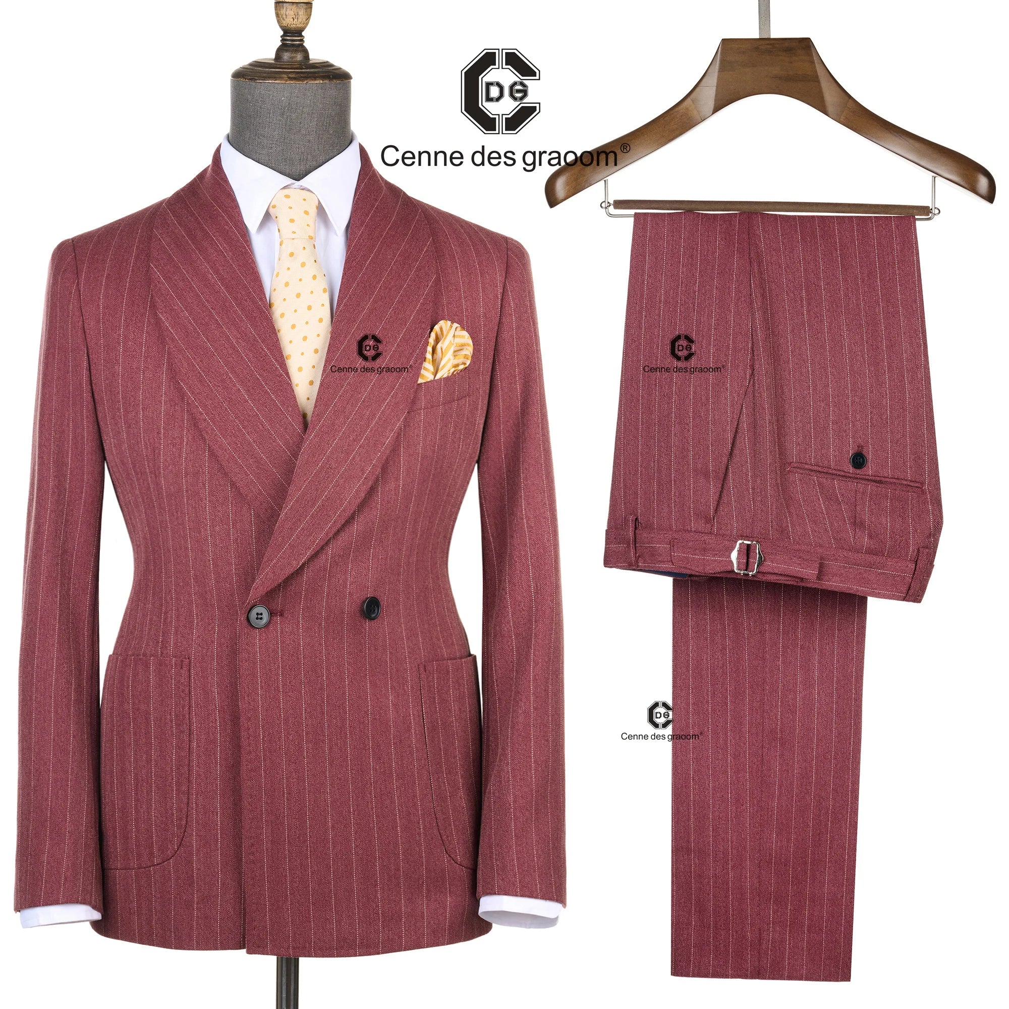 Cenne Des Graoom Maroon Striped Double-Breasted Men's Suits With Patch Pocket