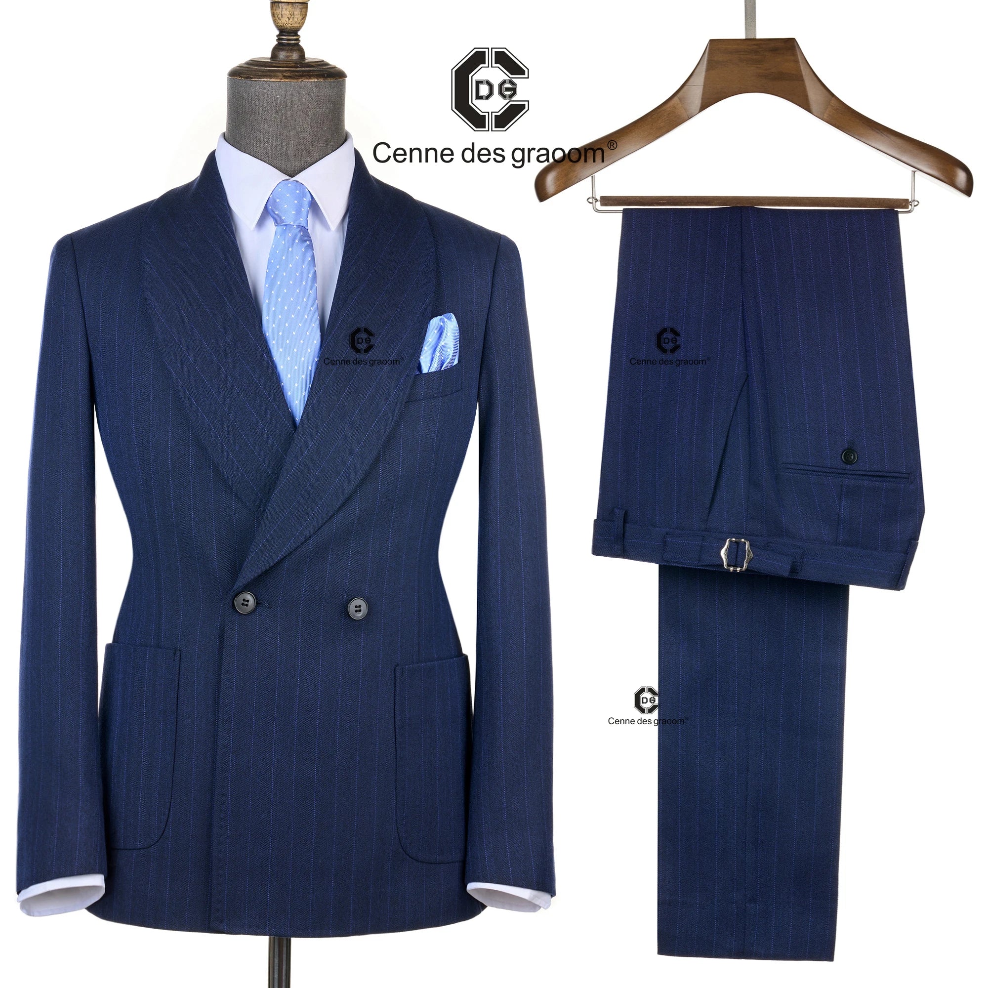 Cenne Des Graoom Striped Double-Breasted Men's Suits With Patch Pocket