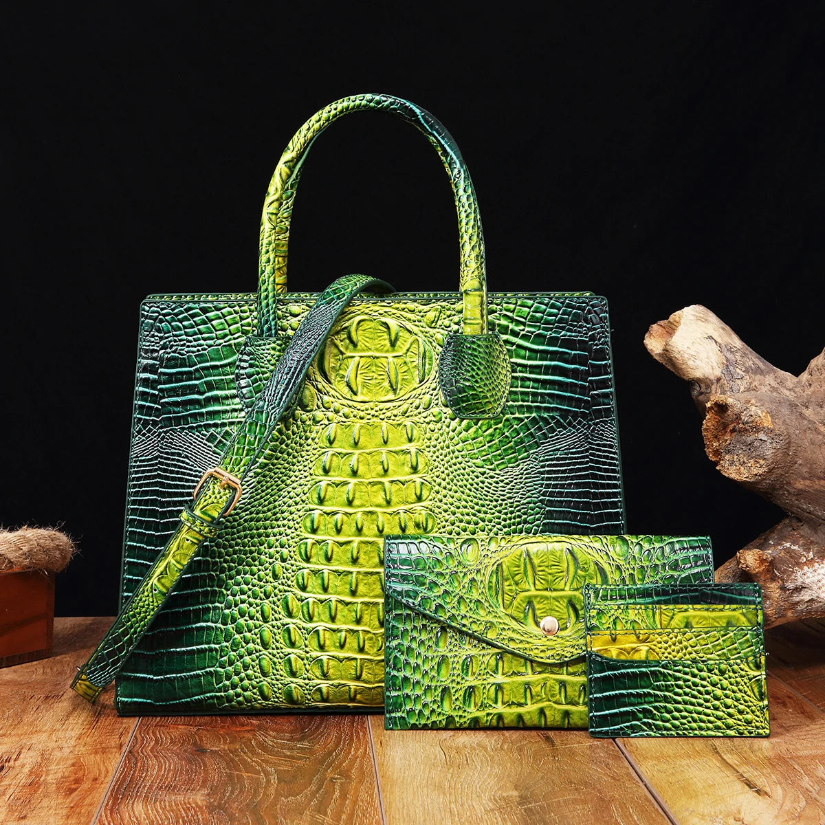 3 Pcs Crocodile Pattern Handbag & Purses Set