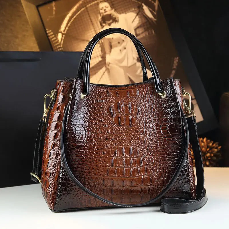 Genuine Leather Women's Fashion Crocodile Print Bucket Bag