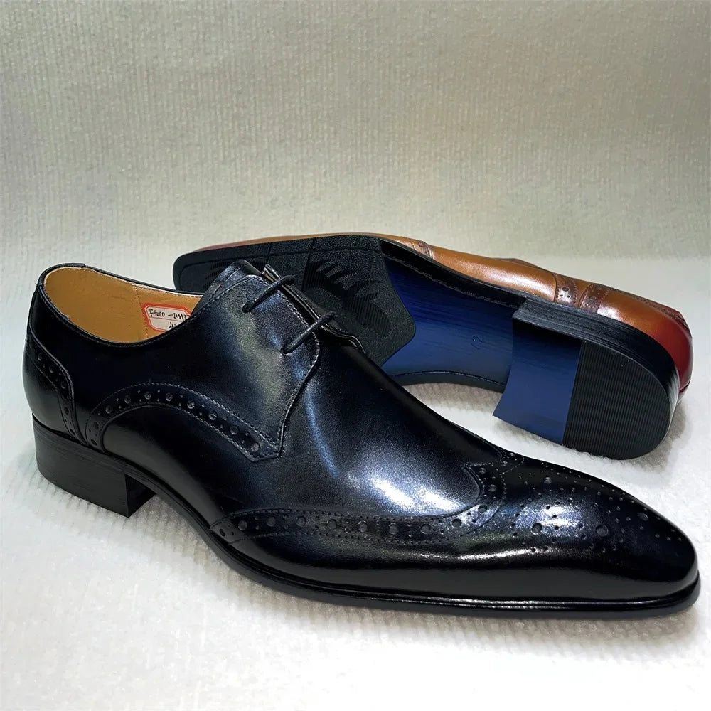 Genuine Leather Brogue Shoes Handmade Casual Oxfords Breathable Lace-Up Dress Shoes