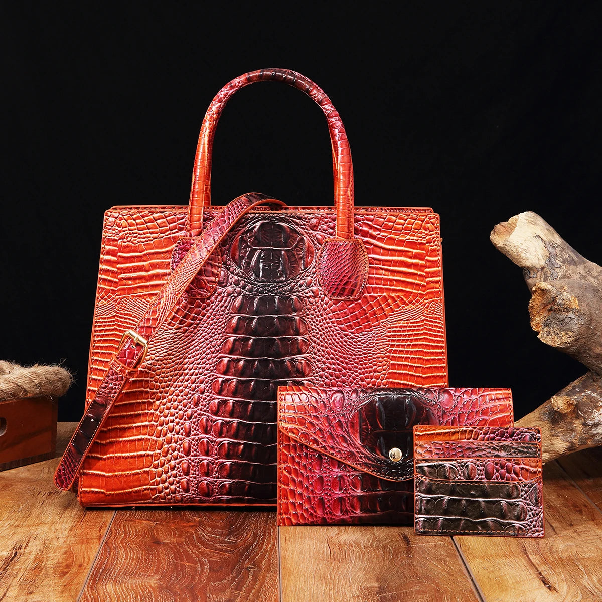 3 Pcs Crocodile Pattern Handbag & Purses Set