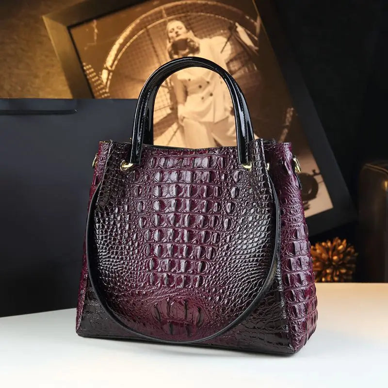 Genuine Leather Women's Fashion Crocodile Print Bucket Bag