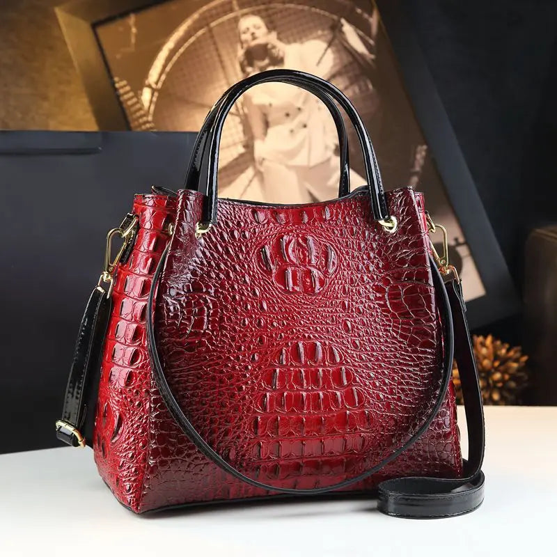 Genuine Leather Women's Fashion Crocodile Print Bucket Bag