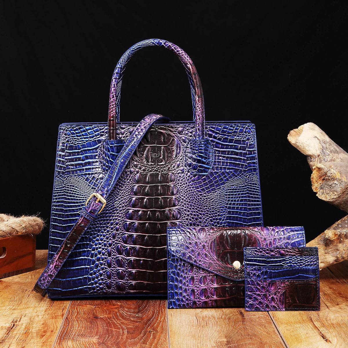 3 Pcs Crocodile Pattern Handbag & Purses Set