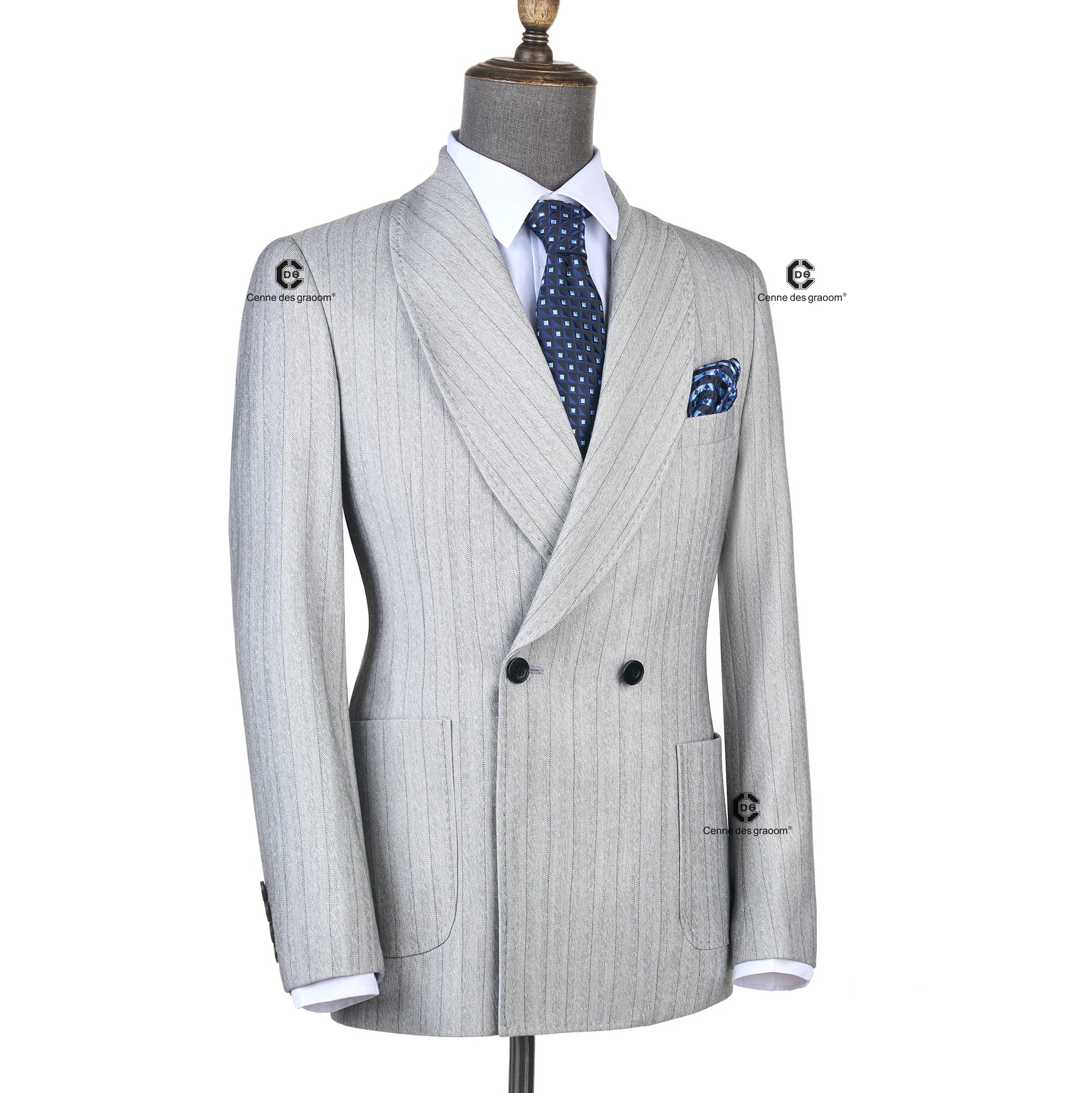 Cenne Des Graoom Striped Double-Breasted Men's Suits With Patch Pocket