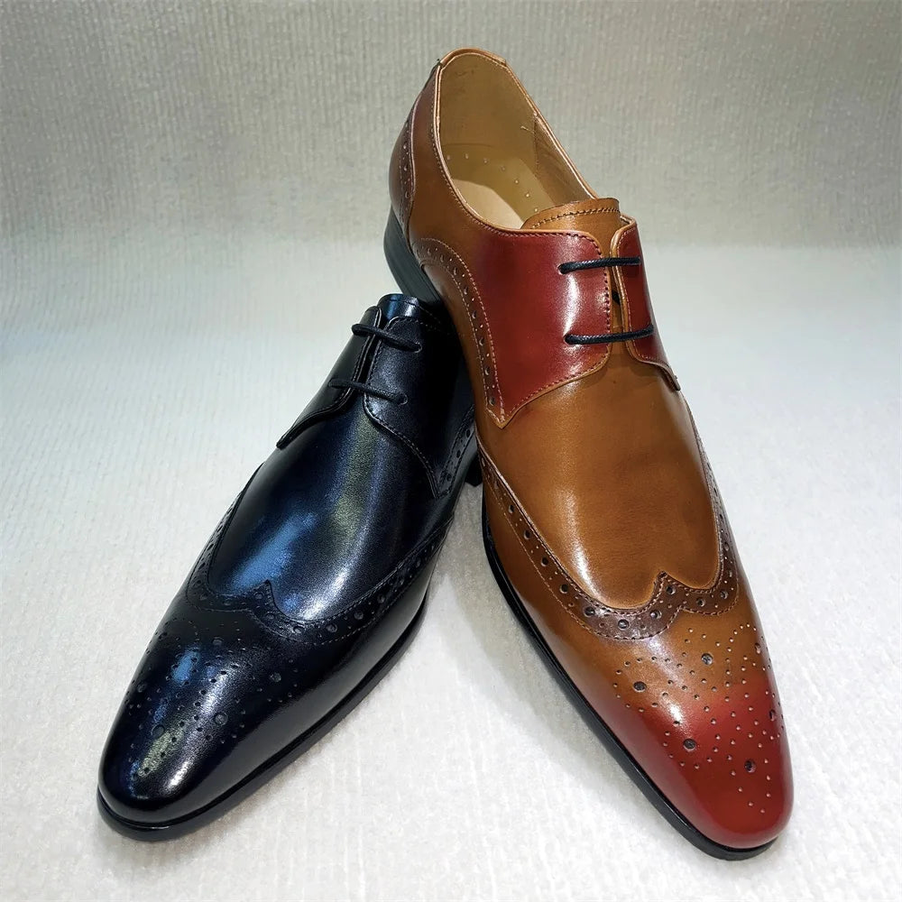 Genuine Leather Brogue Shoes Handmade Casual Oxfords Breathable Lace-Up Dress Shoes