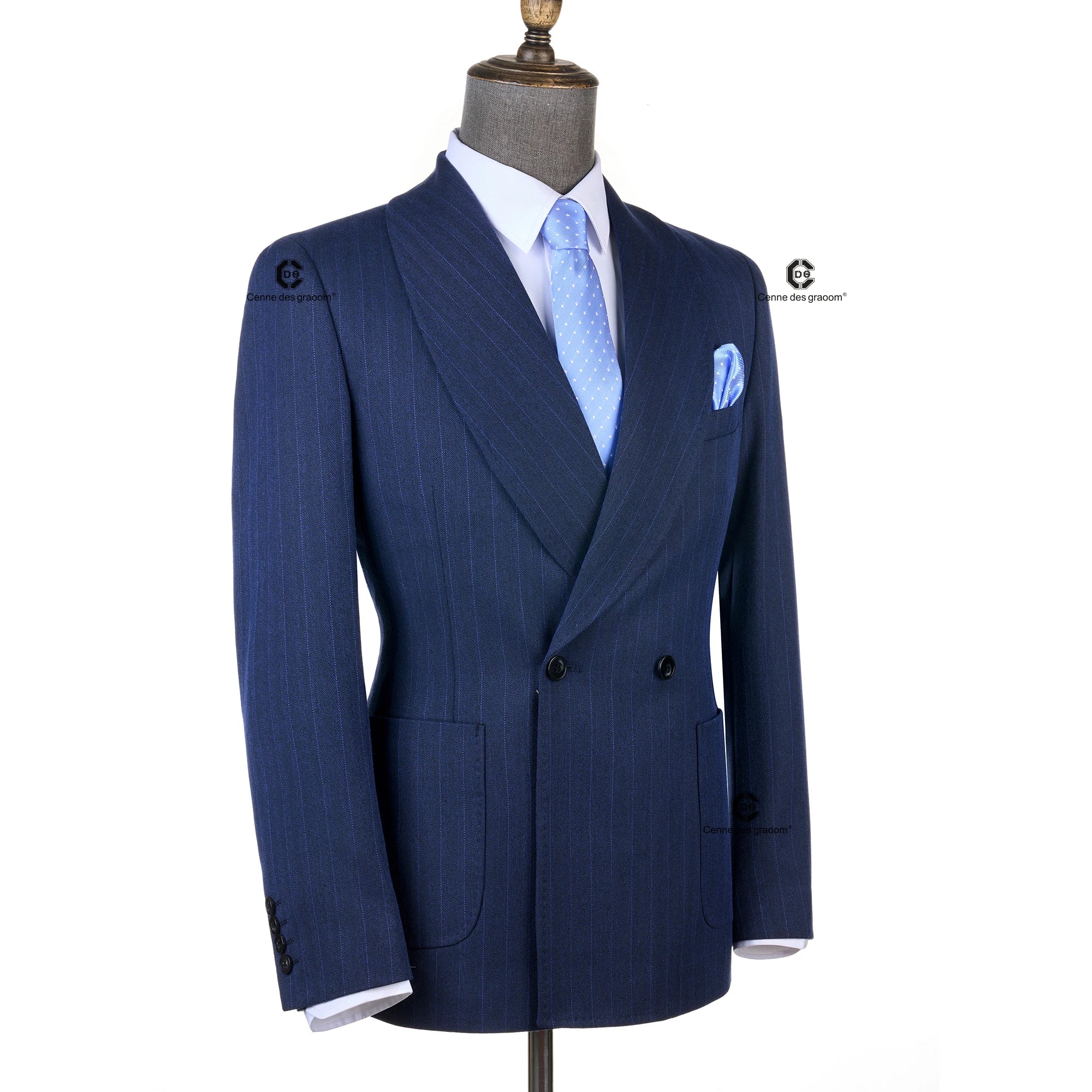 Cenne Des Graoom Striped Double-Breasted Men's Suits With Patch Pocket