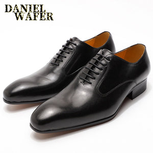 Luxury Brand Men's Oxford Leather Shoes Handmade Lace Up Pointed Toe Dress Shoes
