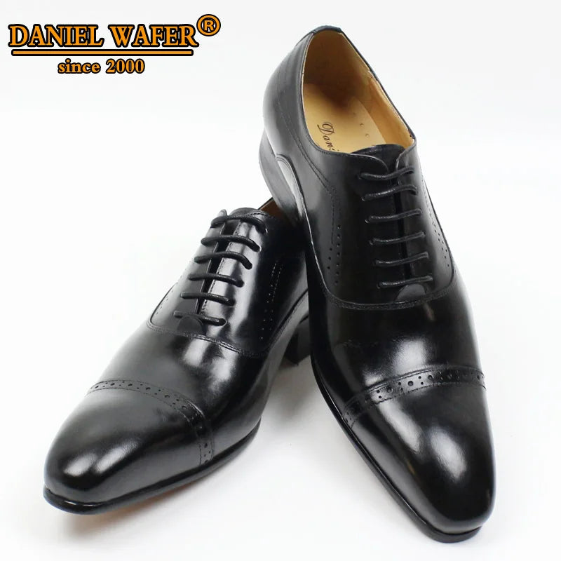 Genuine Leather Oxford Dress Shoes Men Lace Up Cap Toe