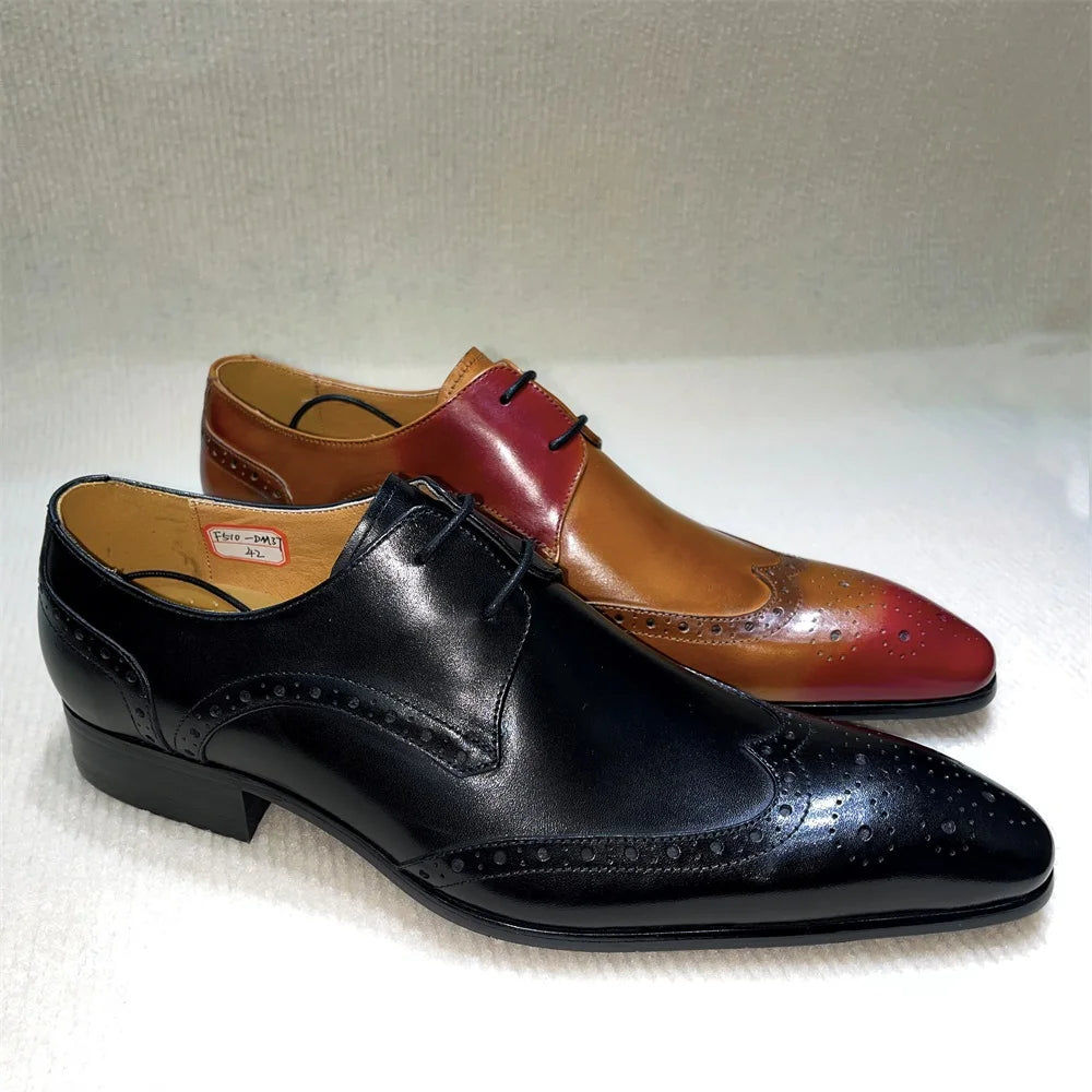 Genuine Leather Brogue Shoes Handmade Casual Oxfords Breathable Lace-Up Dress Shoes