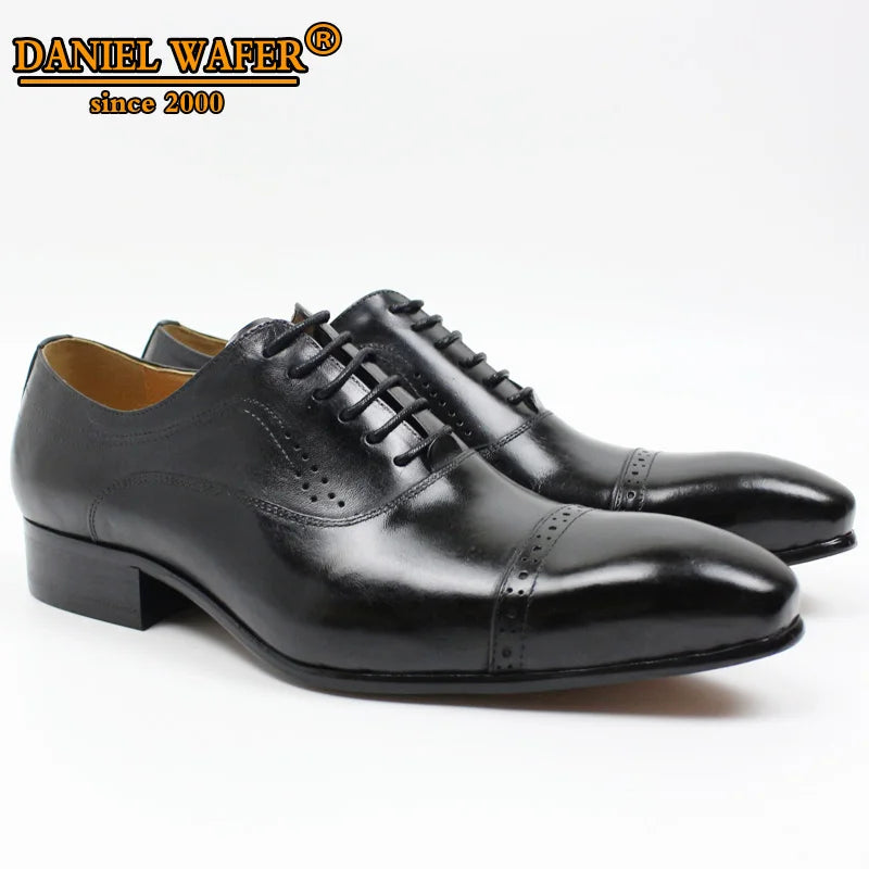 Genuine Leather Oxford Dress Shoes Men Lace Up Cap Toe