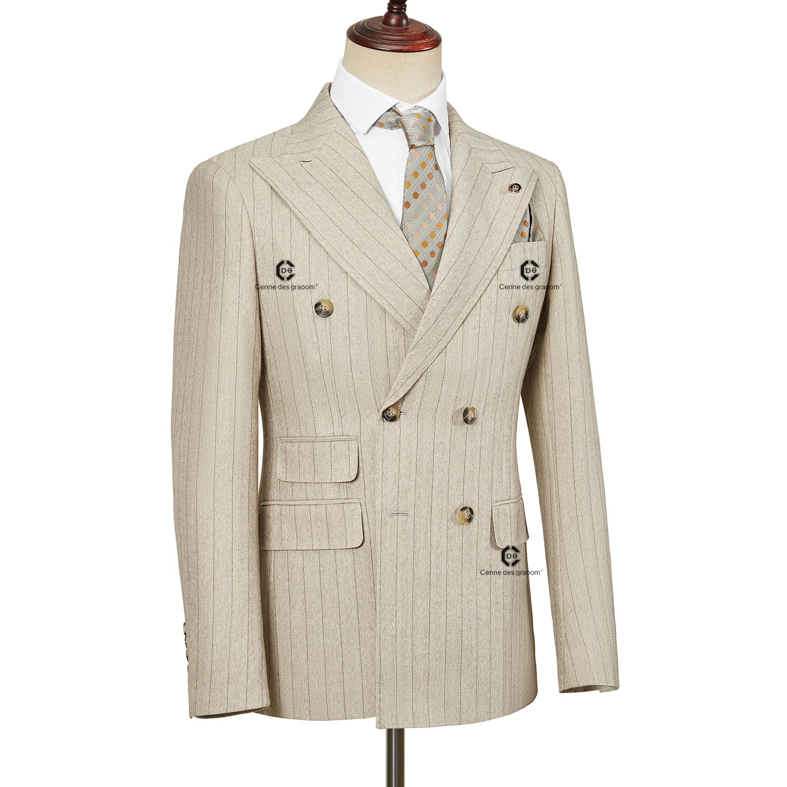 Cenne Des Graoom Double-Breasted Khaki Stripe Suits for Men