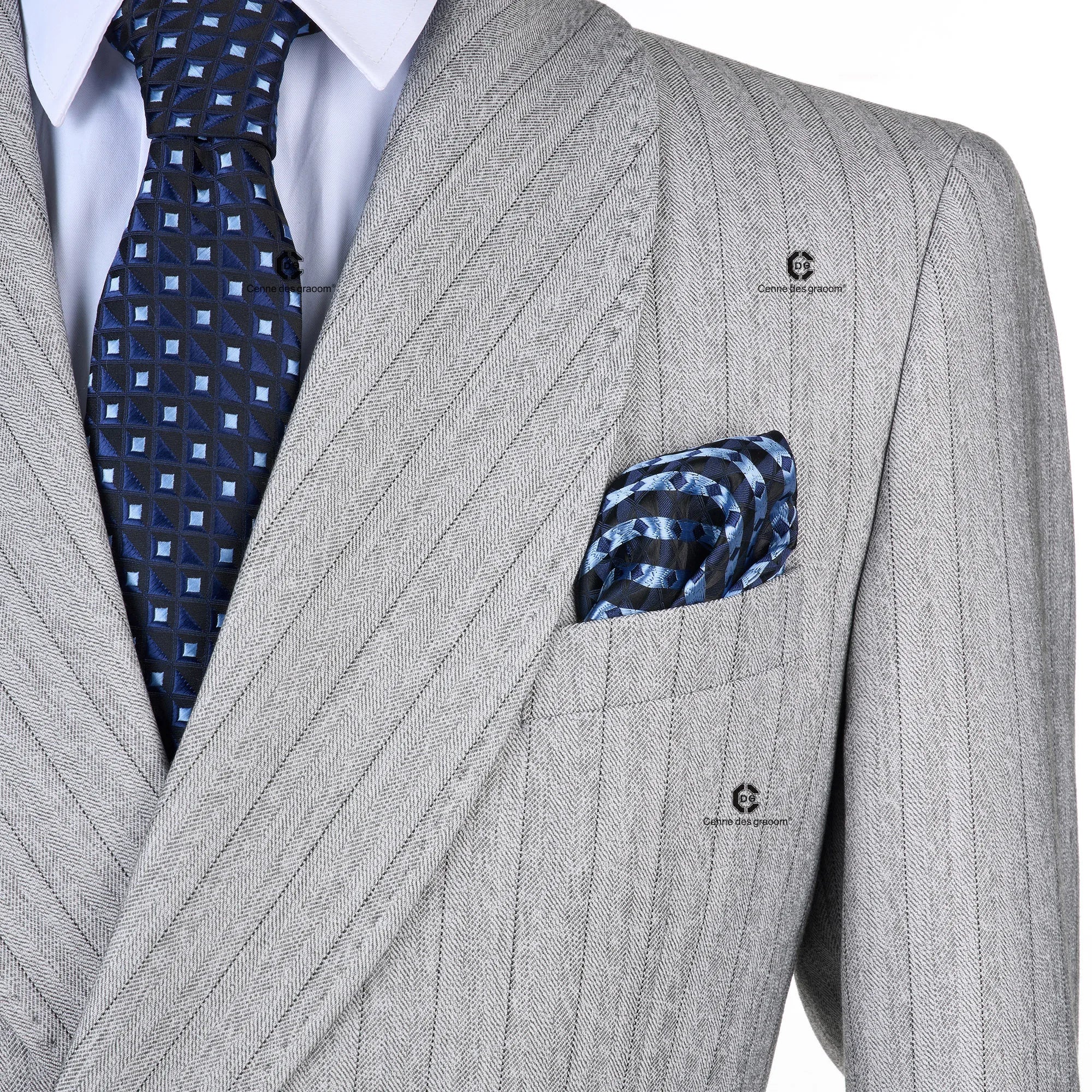 Cenne Des Graoom Striped Double-Breasted Men's Suits With Patch Pocket