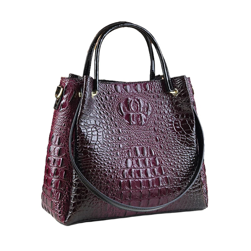 Genuine Leather Women's Fashion Crocodile Print Bucket Bag