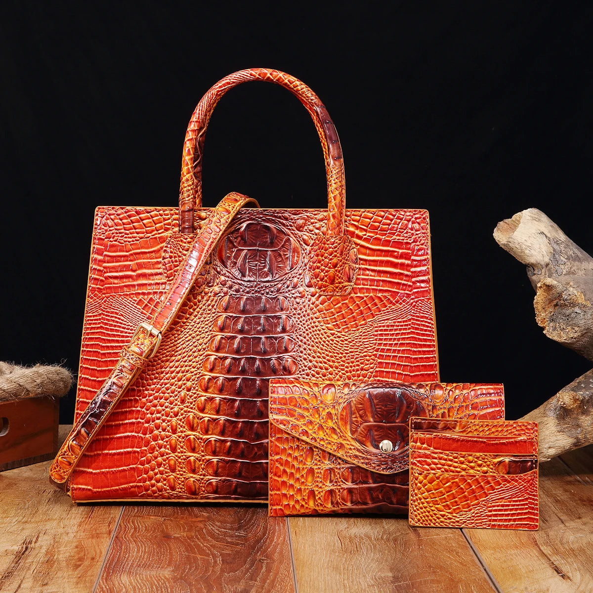 3 Pcs Crocodile Pattern Handbag & Purses Set