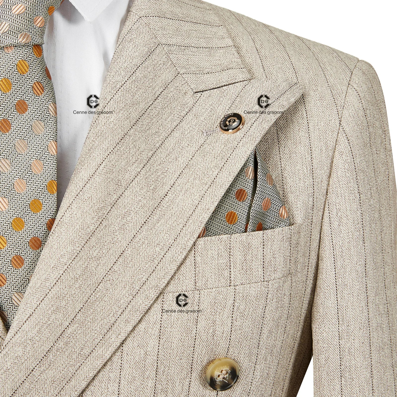 Cenne Des Graoom Double-Breasted Khaki Stripe Suits for Men