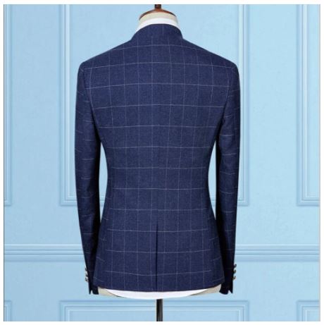 Fashion Stand Collar Men's Plaid Suit Set English Slim Party Dress Groomsman Suit High End  (Blazer+ Pants)