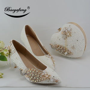 White pearl women's wedding shoes with matching bags bride 7cm Thin-heeled peacock ladies Paty shoe and bag Big size