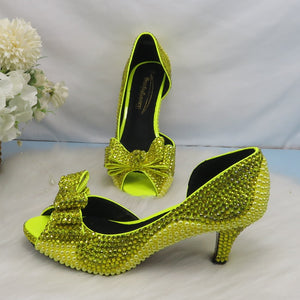 Lemon Yellow Crystal Women wedding shoes and matching bags Peep toe High Pumps fashion Open Toe shoes and Purse