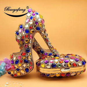 Multicolored Crystal Women Wedding Shoes and Bag Set Fahion Peep Toe Super High heels Platform Shoes with Handbag Open Toe Pumps