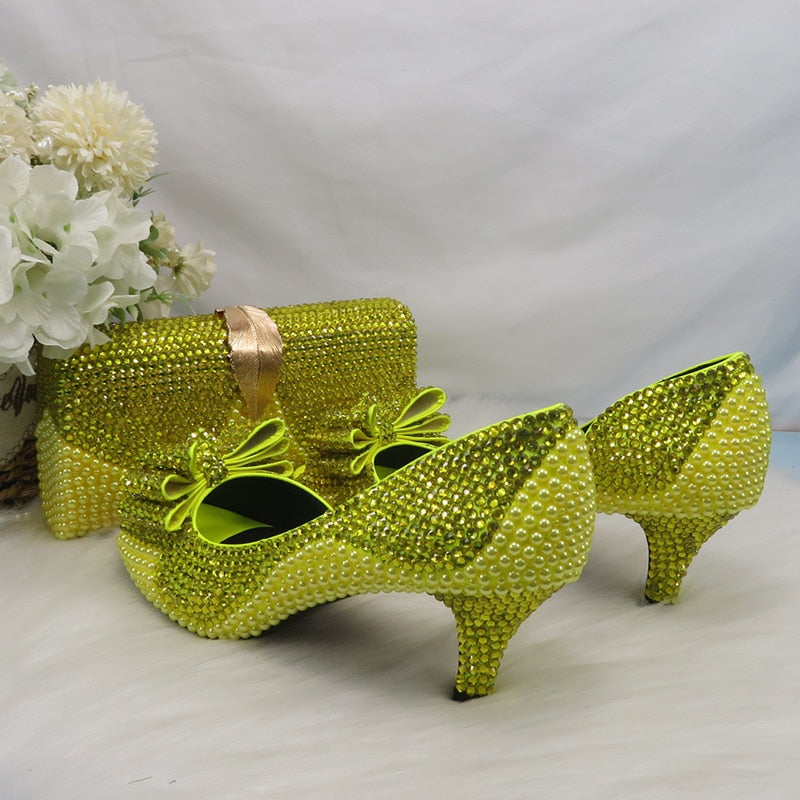 Lemon Yellow Crystal Women wedding shoes and matching bags Peep toe High Pumps fashion Open Toe shoes and Purse