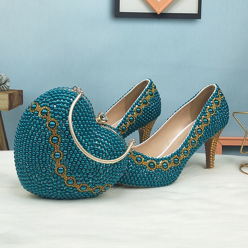 Teal Blue Pearl wedding shoes with matching bags bride party dress High heels platform shoes Open Toe shoe Fish Toe green blue