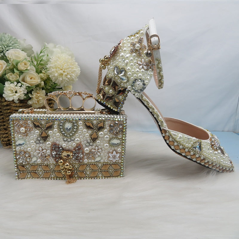 Crystal wedding shoelace bag female thick heel high heel sandals ladies party pointed shoe bag