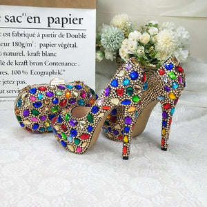 Multicolored Crystal Women Wedding Shoes and Bag Set Fahion Peep Toe Super High heels Platform Shoes with Handbag Open Toe Pumps
