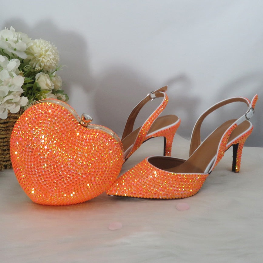 Heart Bag Orange AB Pointed Toe Wedding Shoes and bag Woman High Thin Heel Party Dress Shoes Slingbacks Pumps