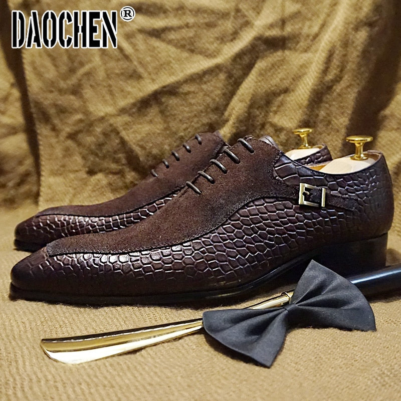 Luxury Men Oxford Shoes Lace up Split Toe Coffee Black Formal Men Dress Shoes Suede Patchwork Crocodile prints Leather Shoes