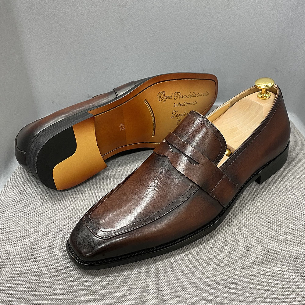 Classic Men's Penny Loafers Genuine Cow Leather Handmade Slip on Italian Style Office Formal Shoes