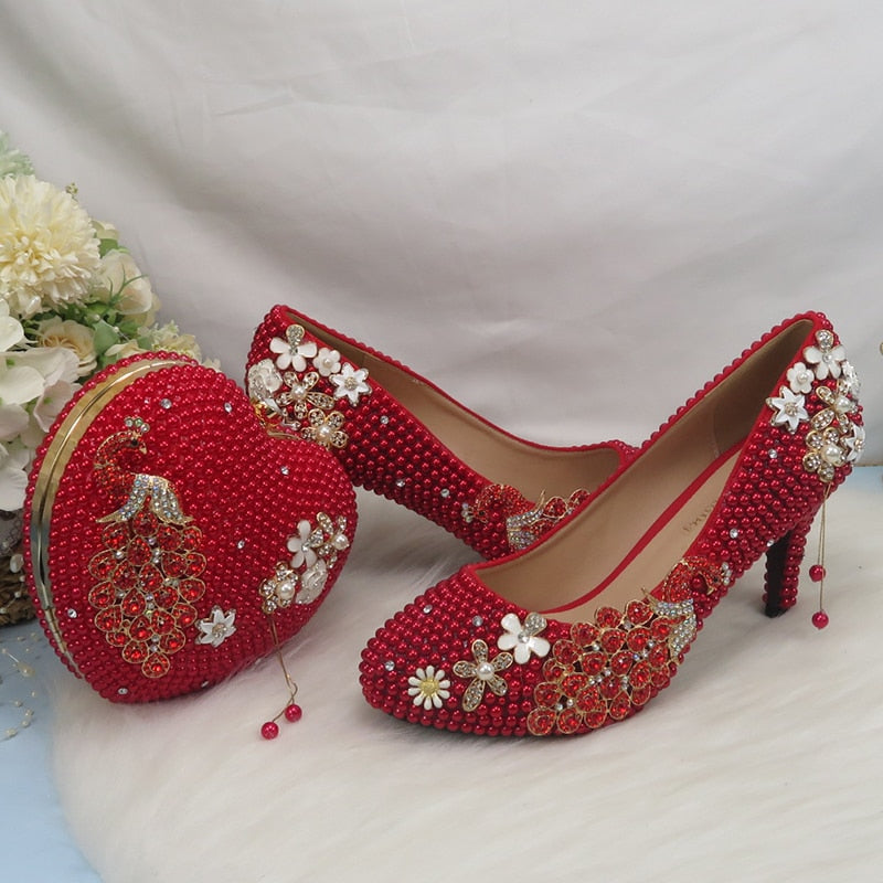 Heart Red Pearl Pointed Toe Bridal Shoes Wedding Shoes and bag Woman High Pumps Thin Heel Party Dress Shoes