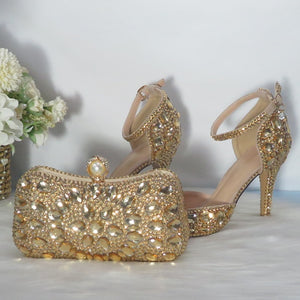 Golden crystal Bridals Wedding shoes with matching bags Rhinestone high heels ankle strap women party dress shoes