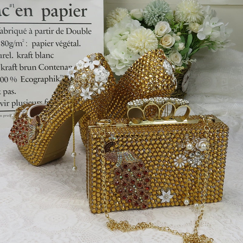 Golden Party Dress Shoe with Matching Bag Crystal wedding shoes High heel platform shoe High Pumps purse