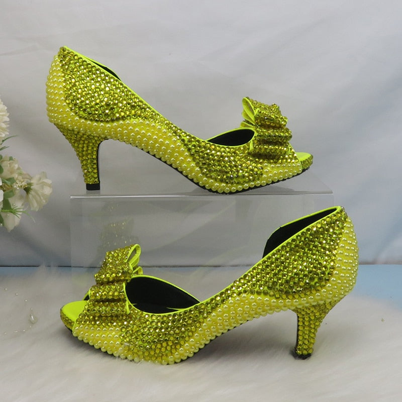 Lemon Yellow Crystal Women wedding shoes and matching bags Peep toe High Pumps fashion Open Toe shoes and Purse