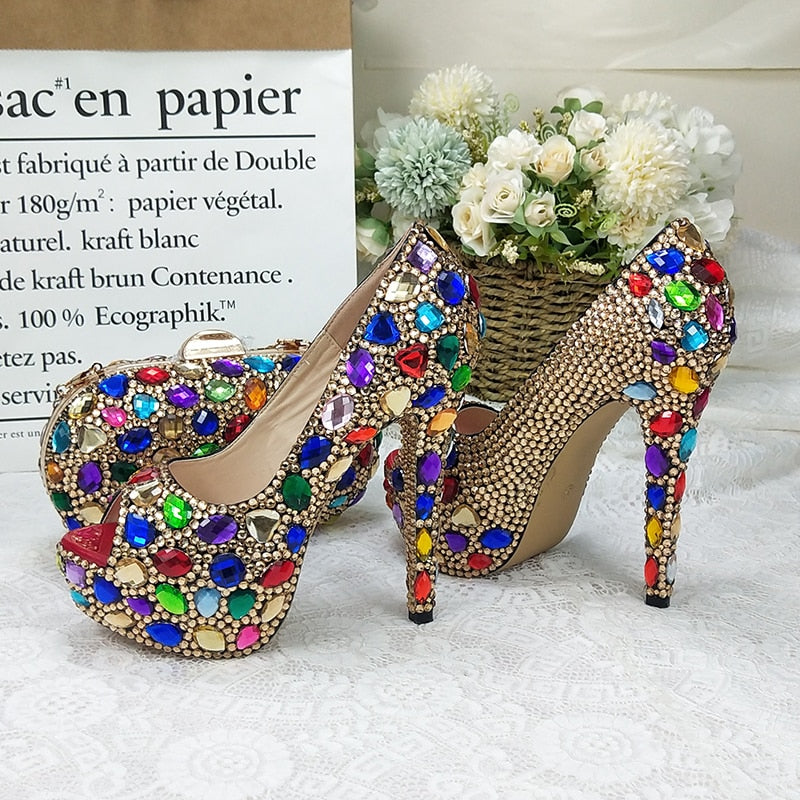 Multicolored Crystal Women Wedding Shoes and Bag Set Fahion Peep Toe Super High heels Platform Shoes with Handbag Open Toe Pumps