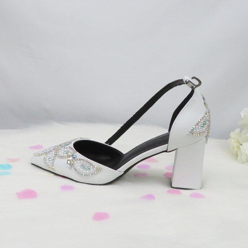 White beads and pearl wedding shoes Bride Pointed Toe Square Thick High Heel Party dress shoes and bag set Ankle Strap