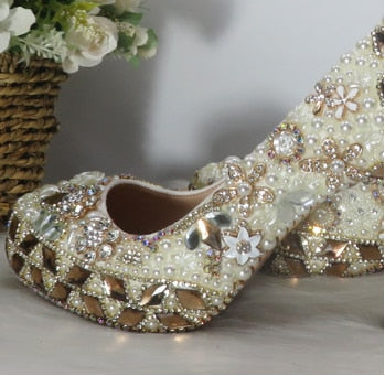 Bride Wedding Party Dress Shoes With Bag Women Pearl Crystal Platform High Heels Shiny Ladies Plus Size