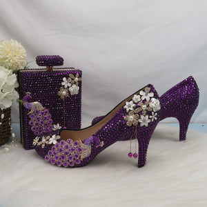 Round Toe Purple crystal Peacock Bridal Wedding shoes and bag set Fashion woman High heel platform shoes Ladies Pumps